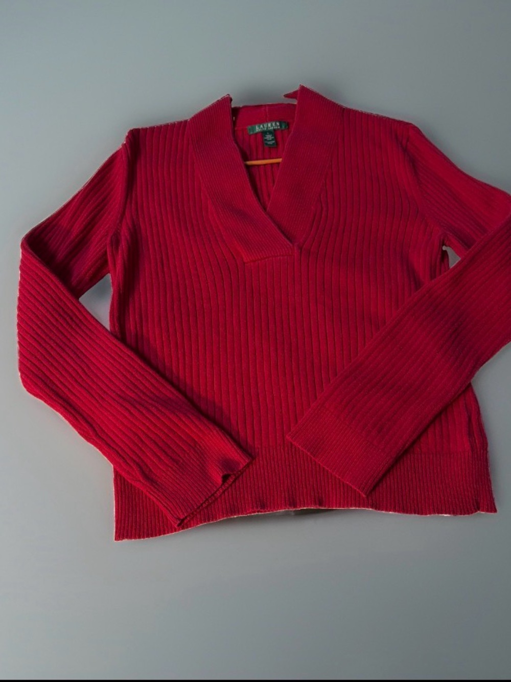 Lauren Ralph Lauren Red Ribbed V-Neck Sweater size L 100% Cotton